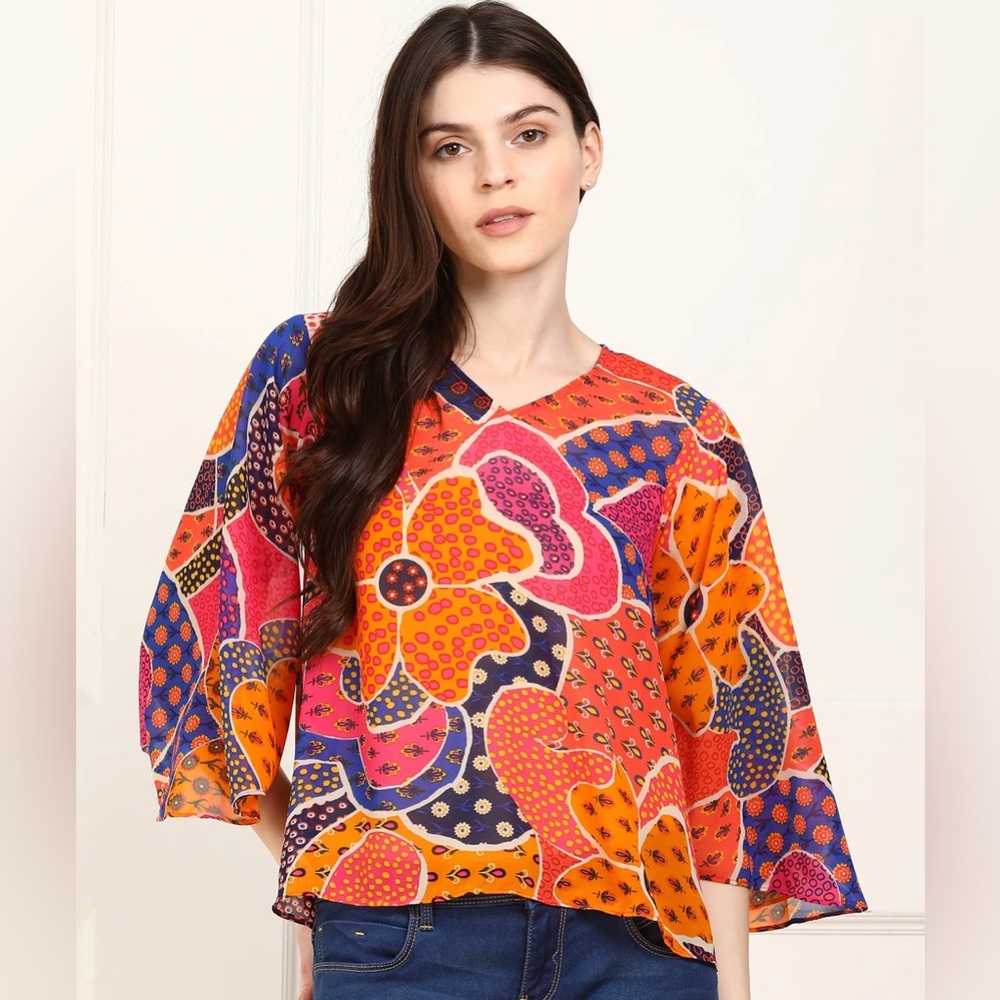 Global Desi sheer floral bell sleeve blouse